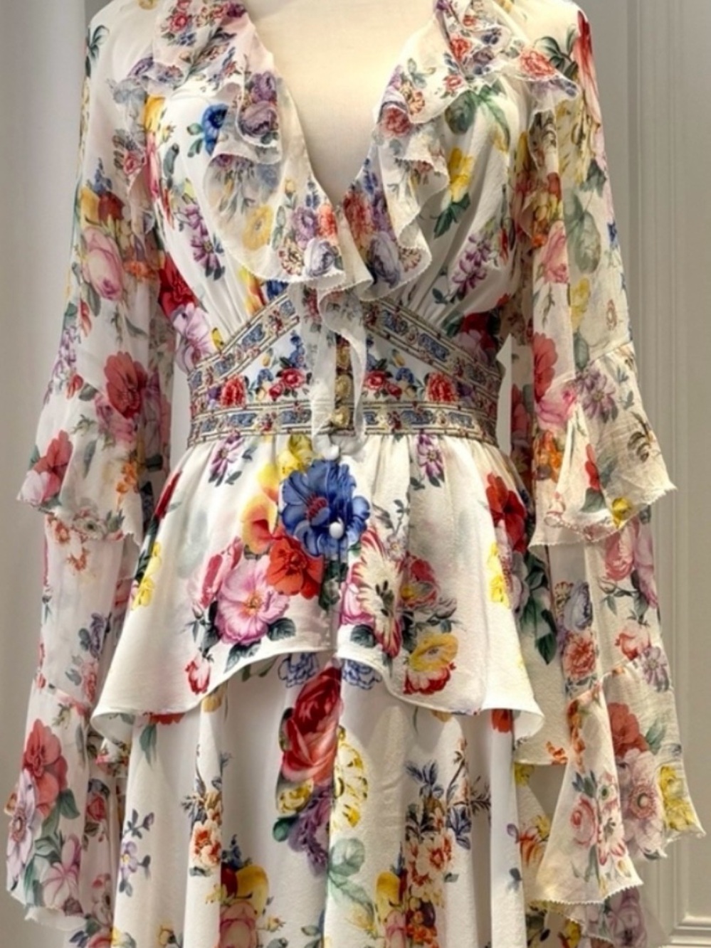 Camilla White Multi Floral Ruffle Long Sleeve Dress